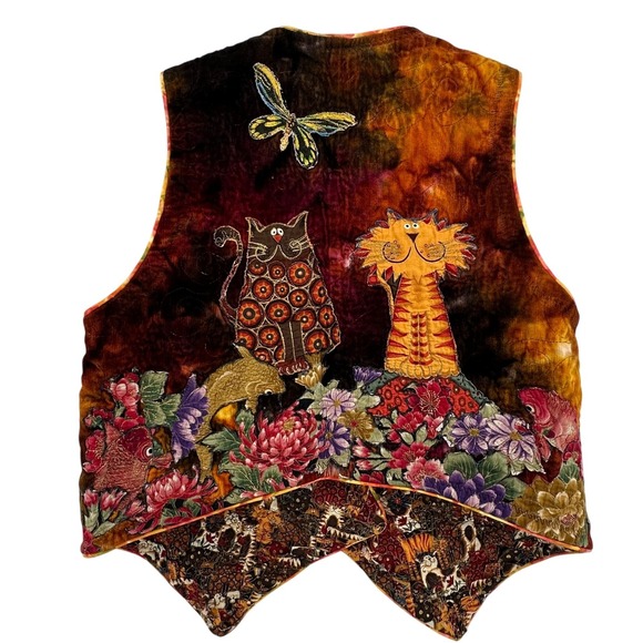 Jackets & Blazers - Vintage Velvet Reversible Cat Floral Koi Vest Womens XL Multicolor Art to Wear